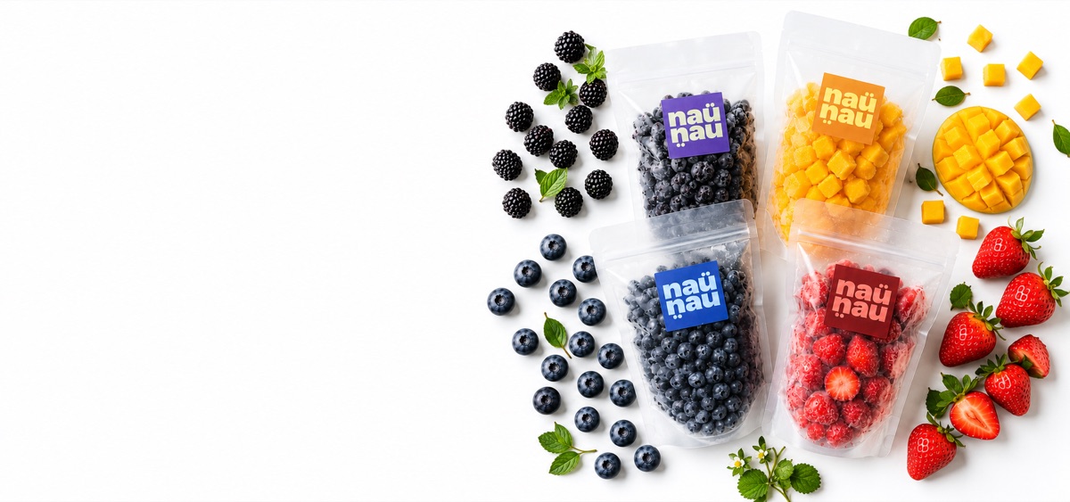 Las cuatro variedades naü nau: zarzamora, mango, blueberry y fresa en empaque transparente IQF